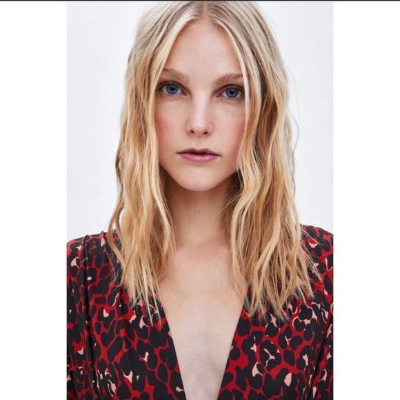 ZARA red black long sleeve leopard animal cheetah print deep V bodysuit Sz M NWT - Picture 7 of 14